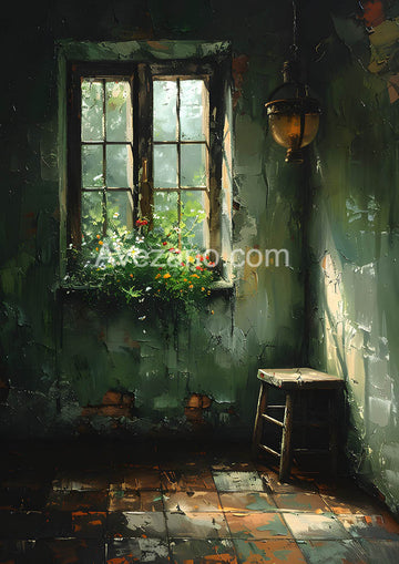 Avezano Oil Painting Style Indoor Window Sill and Flowers Photography Backdrop