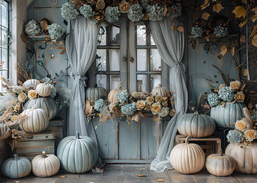 Avezano Gray Blue Doors Windows and Pumpkins Mother's Day Photography Backdrop