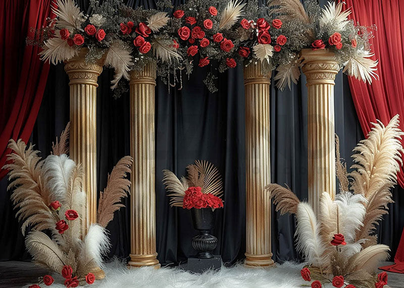 Avezano Bohemian Red Roses and Golden Pillar Photography Backdrop