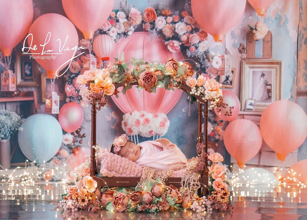 Fond de photographie de fête de ballons roses et d'ours d'Avezano