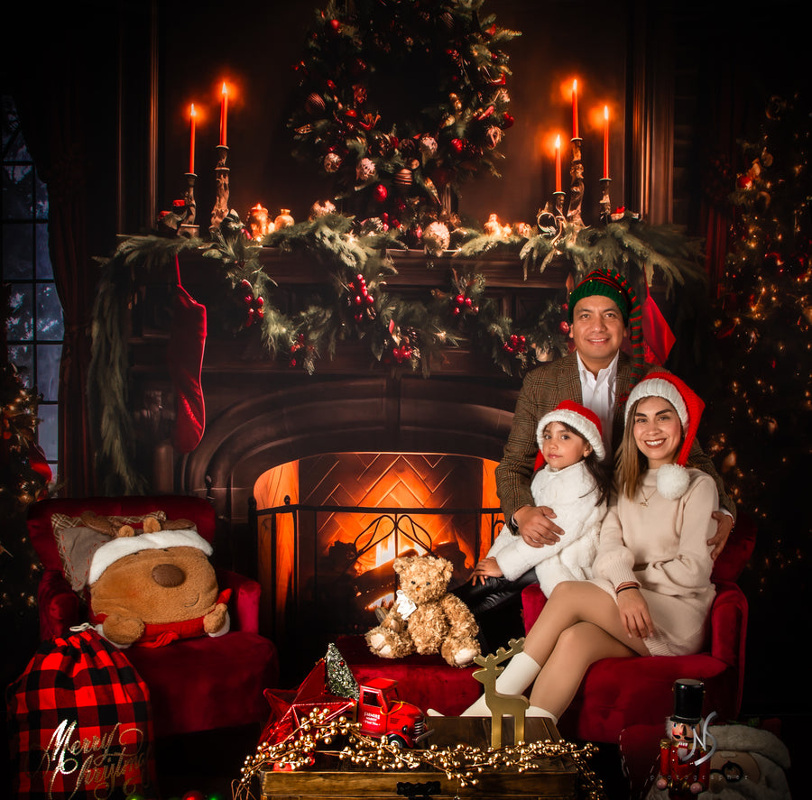 Avezano Christmas Tree and Fireplace Decoration Photography Backdrop