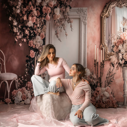 Toile de fond rose pour photographie de la salle Avezano Rose, conçue par Polly Ro Design
