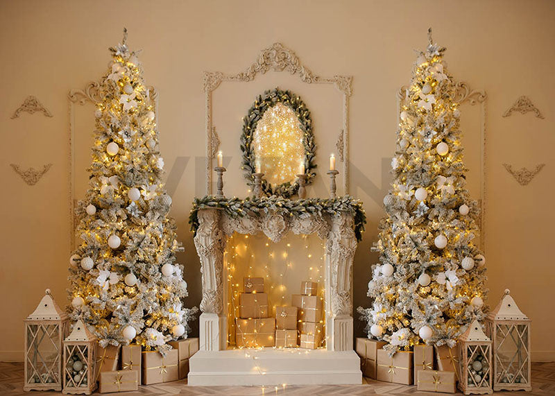 Avezano Winter Christmas Fireplace Photography Backdrop Room Set