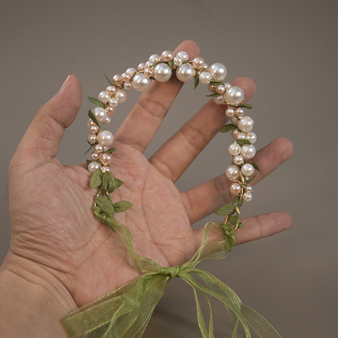 Avezano Green Leaf Pearl Wreath Hair Band With Ribbon Bohemian Photo Props