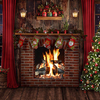 Avezano Winter Christmas Night Fireplace Photography Backdrop Room Set