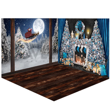 Avezano Winter Christmas Santa and the Christmas Tree Photography Backdrop Room Set