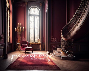 Avezano Elegant Burgundy Room Majestic Staircase Photography Backdrop Designed By Angela Forker-AVEZANO