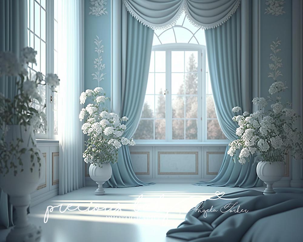Avezano Elegant White Room with Blue Curtains Photography Backdrop Designed By Angela Forker-AVEZANO