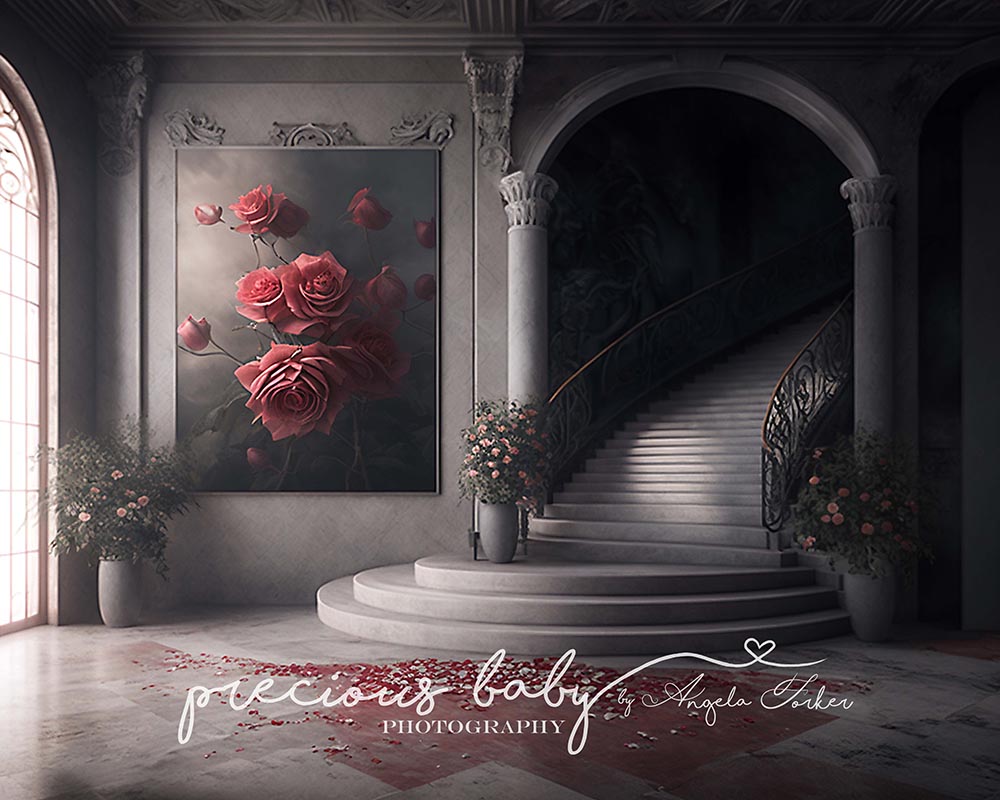 Avezano Grey Palace Room with Stairs and Red Roses Photography Backdrop Designed By Angela Forker-AVEZANO