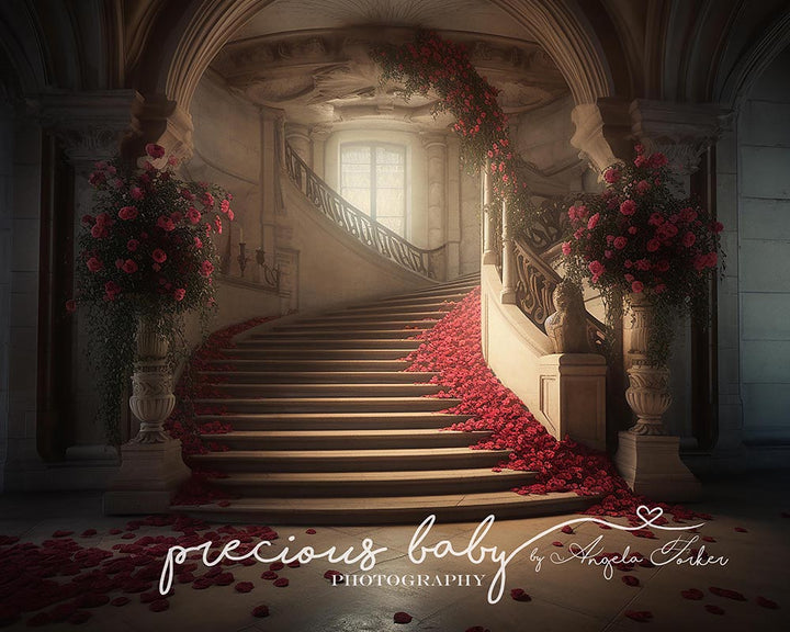 Avezano Palace with Staircases and Arches and Red Roses Photography Backdrop Designed By Angela Forker-AVEZANO