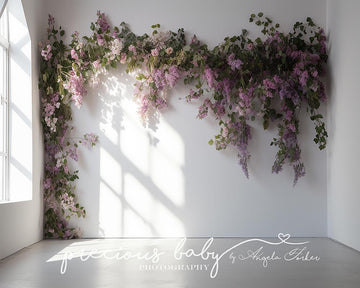 Avezano Purple Flowers Cascading Down White Wall with Floor Photography Backdrop Designed By Angela Forker-AVEZANO