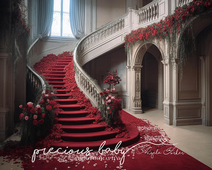 Avezano Red Roses Cascading Down Majestic Staircase Photography Backdrop Designed By Angela Forker-AVEZANO