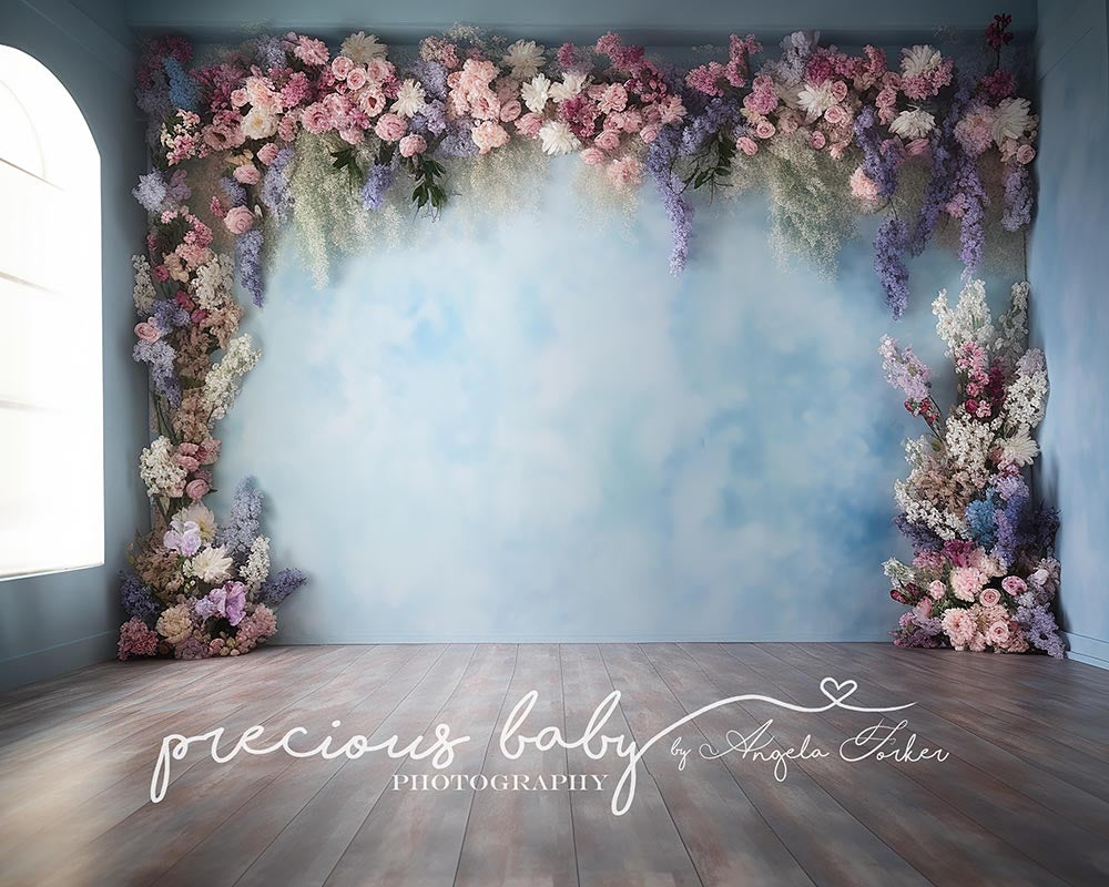 Avezano Window with Blue Wall with Pastel Flower Arch Photography Backdrop Designed By Angela Forker-AVEZANO