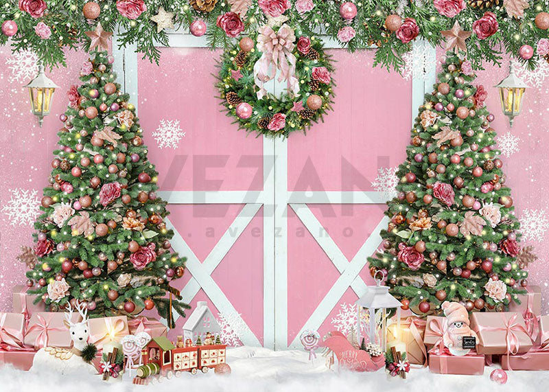 Avezano Winter Pink Christmas Fireplace Decoration Photography Backdrop Room Set