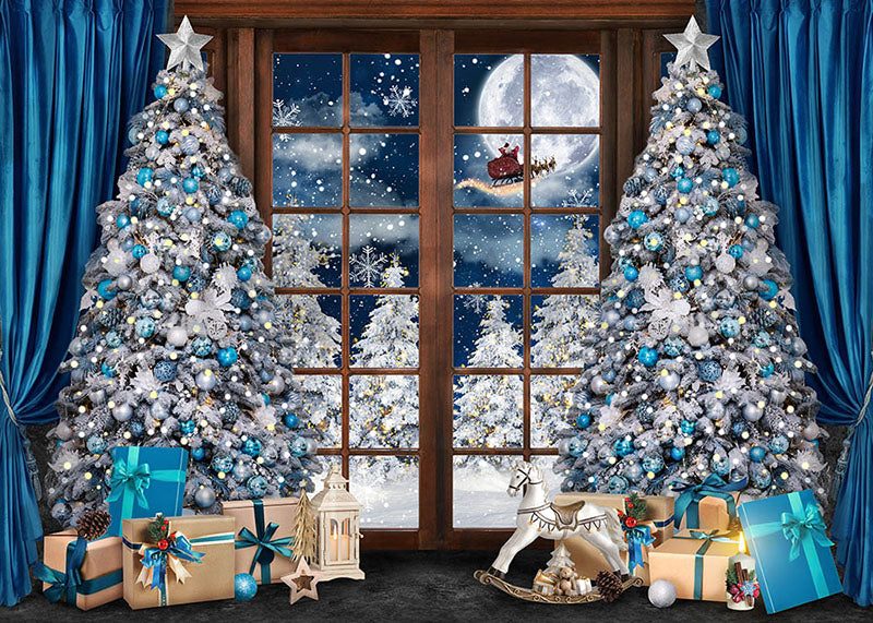 Avezano Winter Blue Christmas Tree and Santa Claus Photography Backdrop Room Set