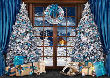 Avezano Blue Theme Christmas Trees Gift Photography Backdrop-AVEZANO