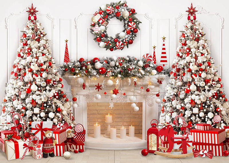 Avezano Winter Christmas Tree and Fireplace Photography Backdrop Room Set