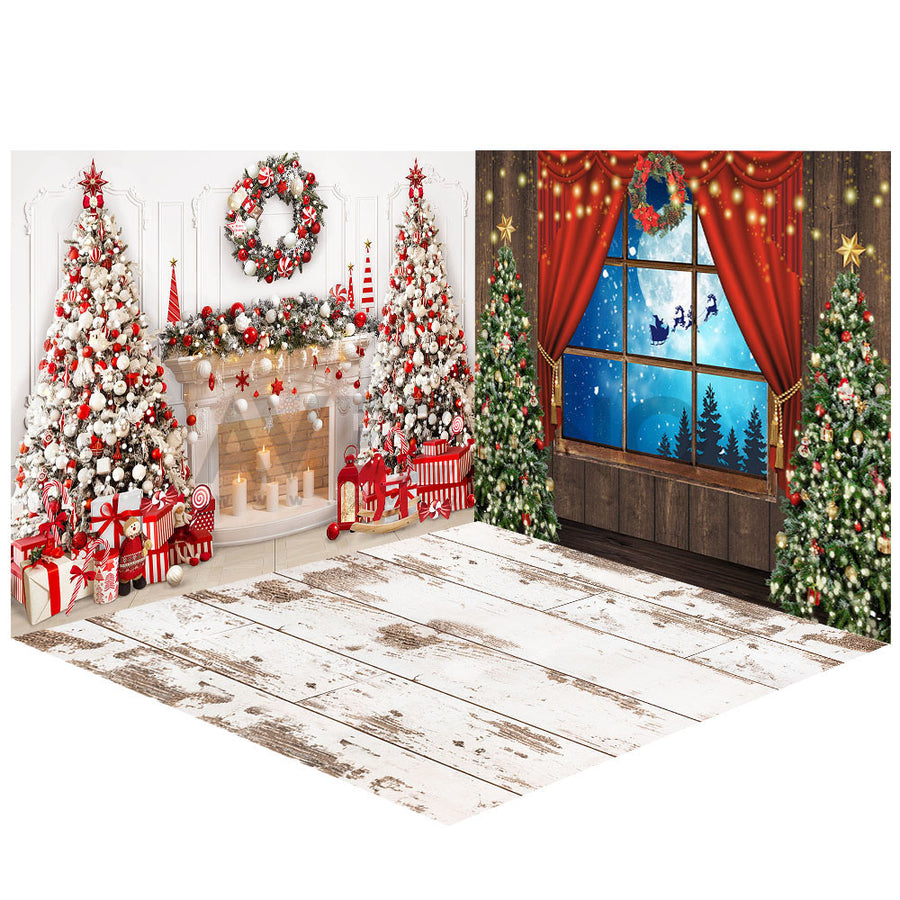 Avezano Winter Christmas Tree and Fireplace Photography Backdrop Room Set