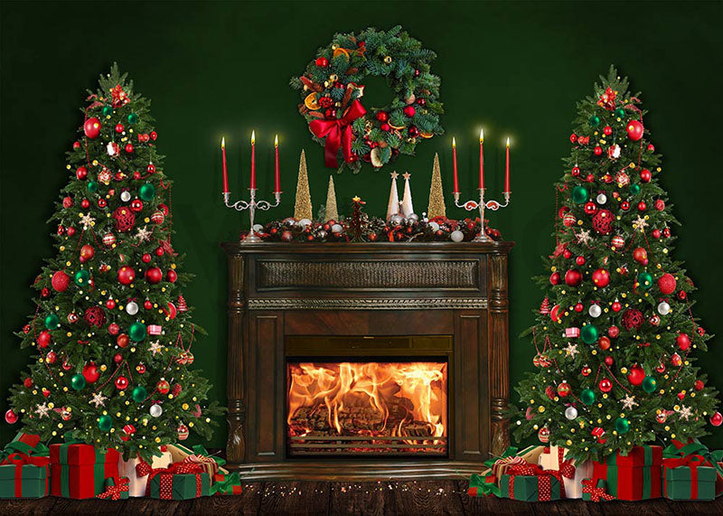 Avezano Winter Christmas Tree and Stove Photography Backdrop Room Set