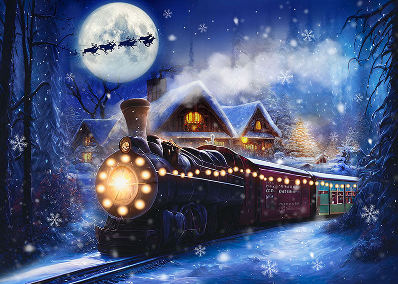 Avezano Winter Christmas Night Train Photography Backdrop Room Set