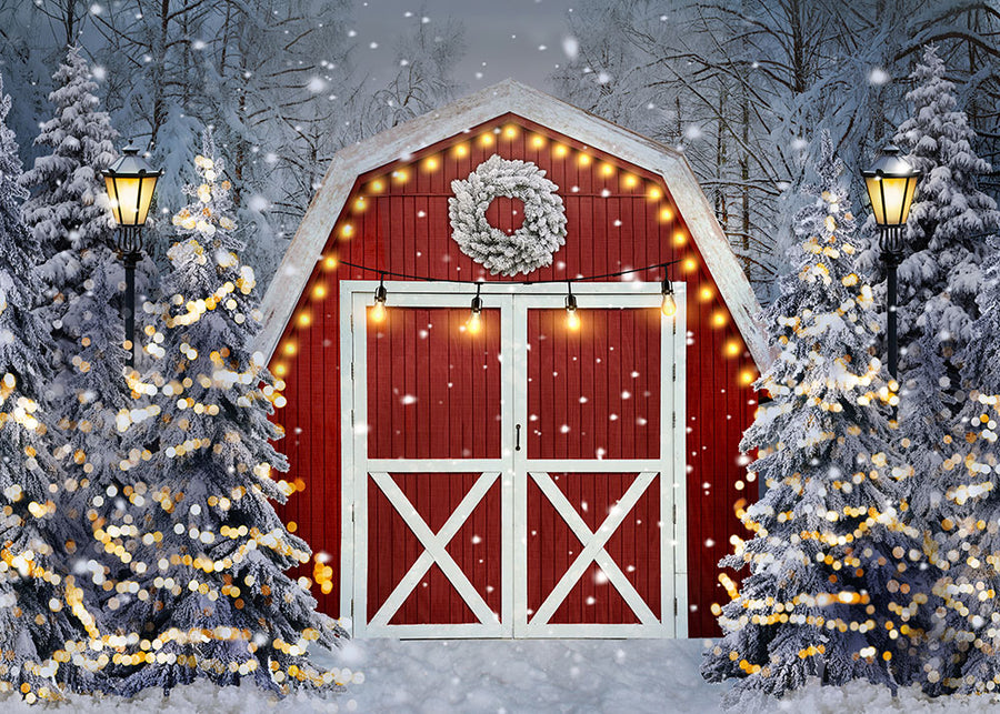 Avezano Winter Christmas Red Barn Photography Backdrop-AVEZANO