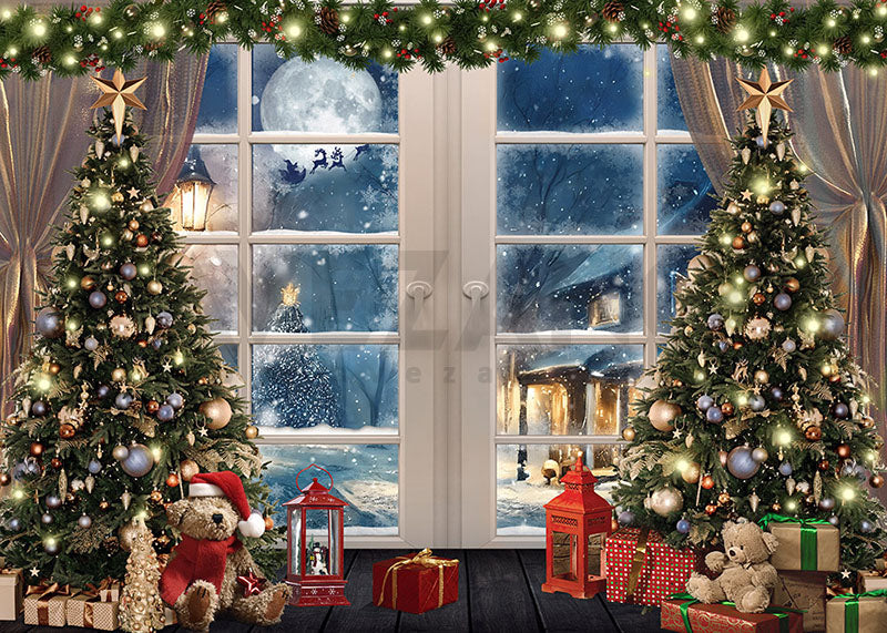 Avezano Christmas Tree Presents Floor-to-ceiling Windows Photography Backdrop