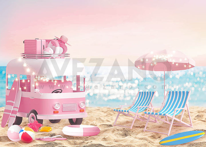 Avezano Summer Beach Buggy Pink Photography Backdrop-AVEZANO