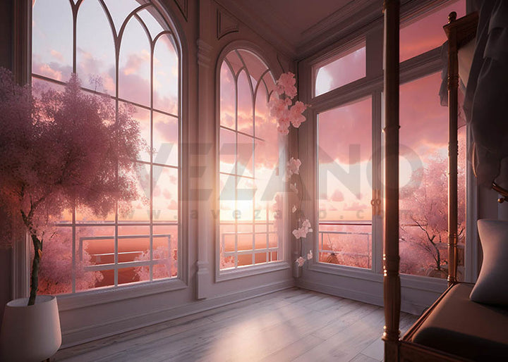 Avezano Pink Flower Room Window Photography Backdrop-AVEZANO