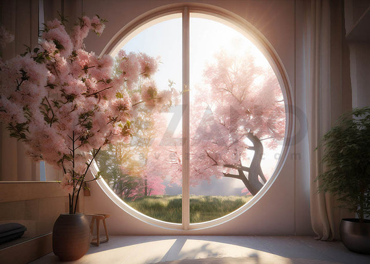 Avezano Cherry Trees and Classical Doors Window Photography Backdrop-AVEZANO