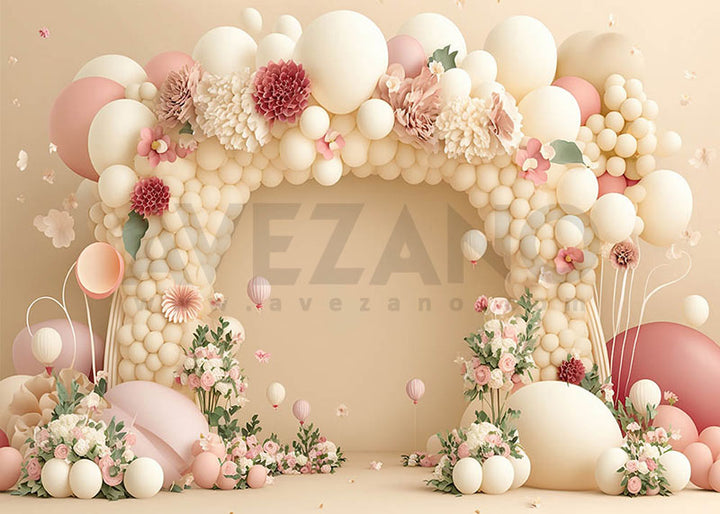 Avezano Rice White Balloon Arches and Flowers Photography Background-AVEZANO