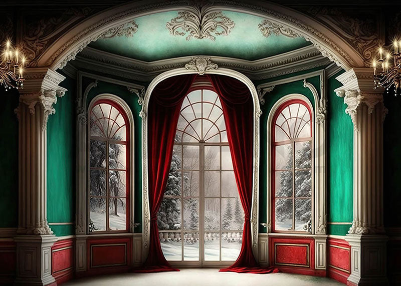 Avezano Christmas Living Room with Winter Snow View Photography Backdrop-AVEZANO