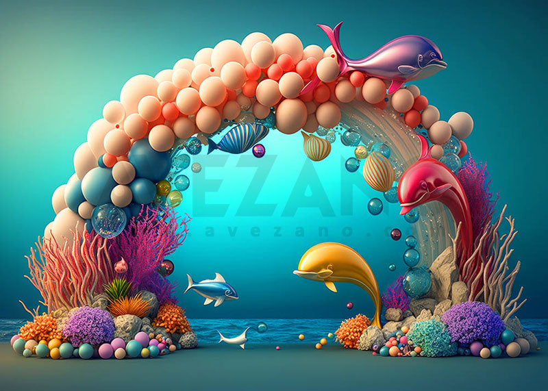 Avezano Balloon Arch Undersea Dolphin Birthday Photography Background-AVEZANO