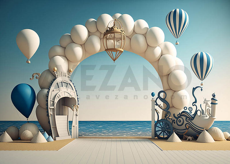 Avezano Seaside Balloon Arch Birthday Party Photography Background-AVEZANO