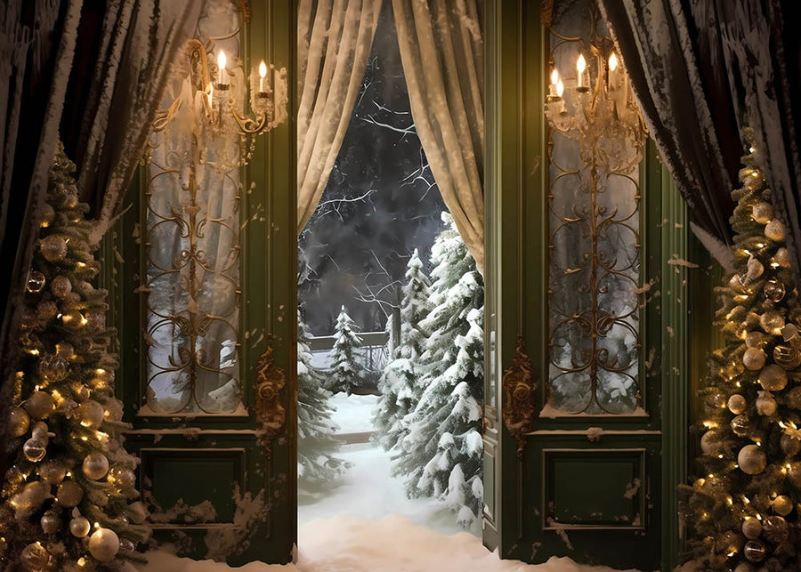 Avezano Christmas Tree Door Snow 2 pcs Set Backdrop