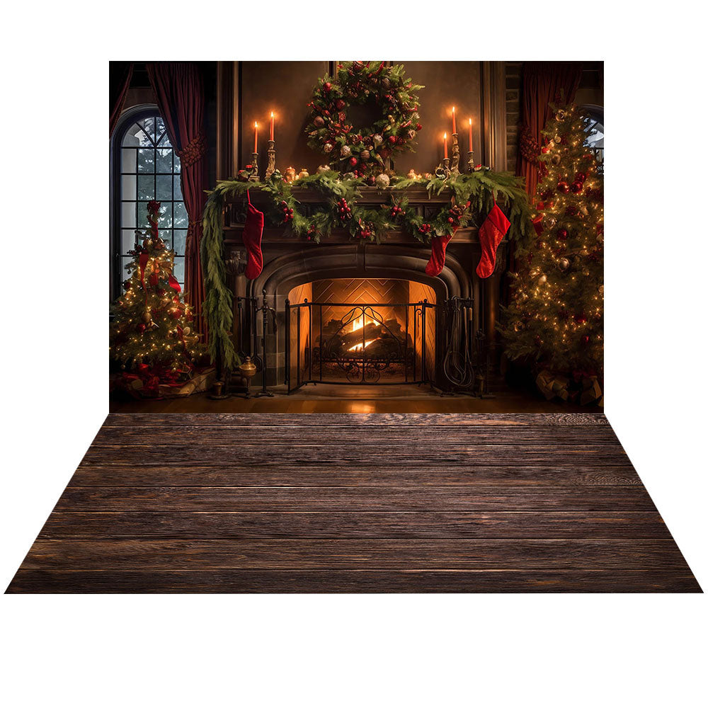 Avezano Christmas Fireplace Window 2 pcs Set Backdrop