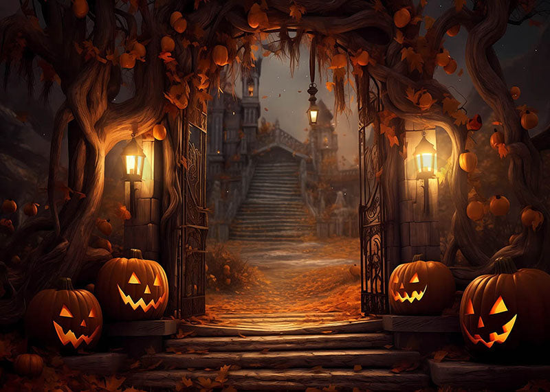 Avezano Halloween House Night Pumpkin Backdrop for Photography