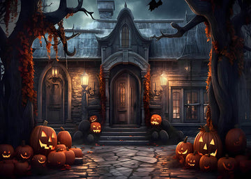 Avezano Halloween Night Pumpkin House Backdrop for Photography