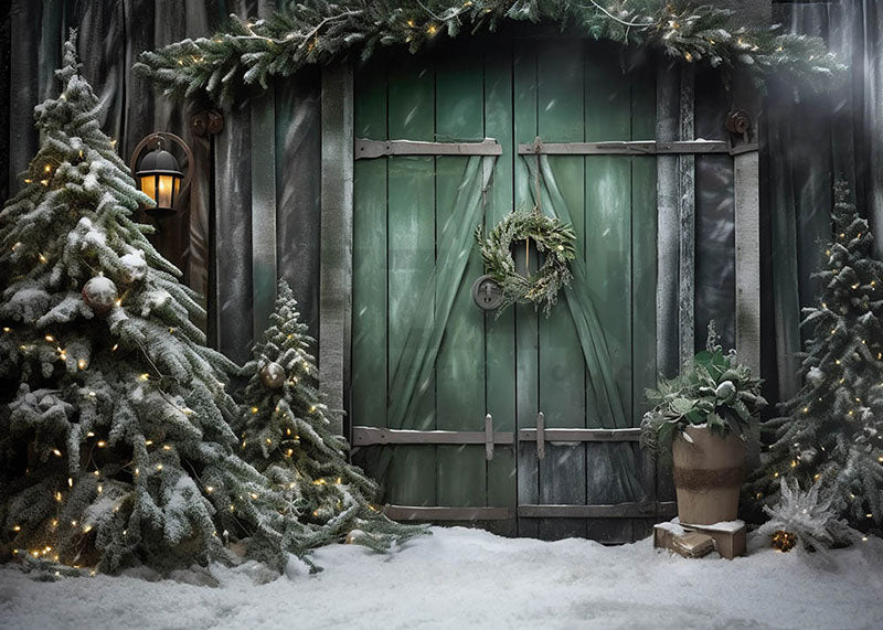 Avezano Christmas Tree Green Wooden Door Photography Backdrop