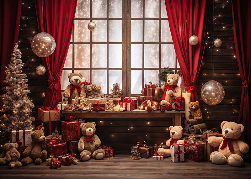 Avezano Christmas Gift Room Red Curtains Photography Backdrop