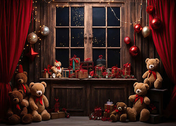 Avezano Christmas Gift Bear Wooden Window Photography Backdrop