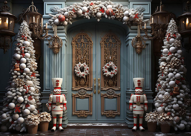 Toile de fond pour photographie de Noël avec des portes bleues exquises et des soldats casse-noisettes 