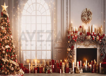 Avezano Christmas Fireplace Decorated with Candles Photography Backdrop