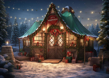 Toile de fond pour photographie de la cabane de Noël dans les bois d'Avezano 