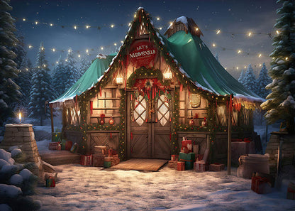 Toile de fond pour photographie de la cabane de Noël dans les bois d'Avezano 