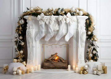 Avezano White Christmas Fireplace Photography Backdrop