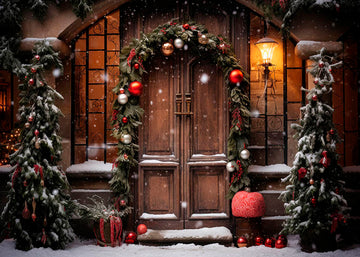 Avezano Snowy Christmas Wooden Door in Winter Decoration Photography Backdrop