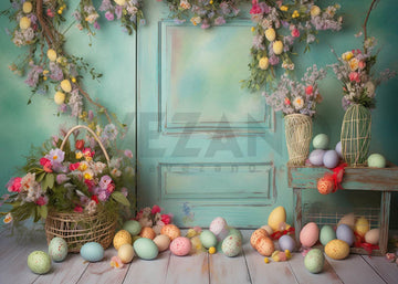 Avezano Spring Easter Green Walls and Flowers Photography Backdrop
