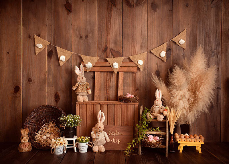 Avezano Spring Easter Bunny and Wooden Walls Photography Backdrop