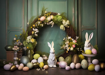 Avezano Easter Green Wreaths and Rabbits Photography Backdrop