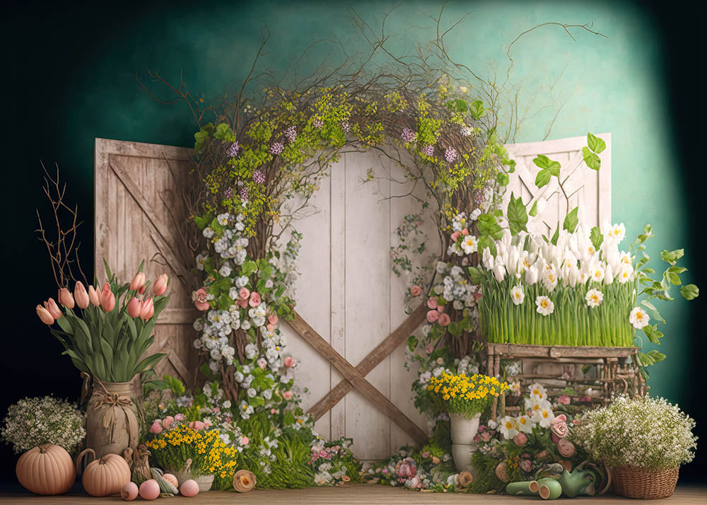 Avezano Spring Flowers and Green Leaves 2 pcs Set Backdrop